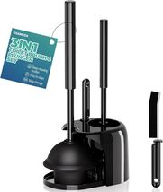 3 in 1 Toilet Brush &amp; Plunger Set with Holder - Stylish Black Bathroom E... - $28.66