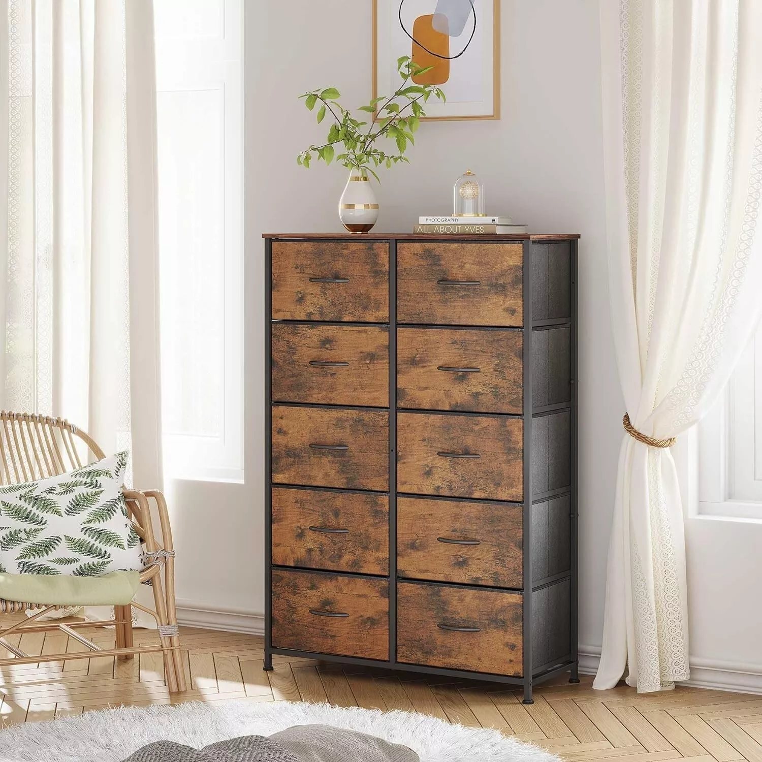 Rustic Wood Color 10 Drawer Dresser Storage Tower: Efficient Bedroom Org... - $100.14 CAD
