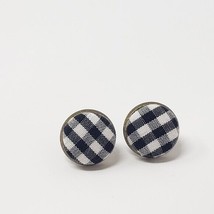 New Handmade | Upcycled Black White Gingham Check Plaid Button Stud Earr... - $11.65