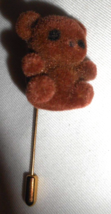 Vintage Teddy Bear Stick Pin Gold Tone Flocked Brown Bear Fuzzy 2 1/2&quot; - £7.77 GBP