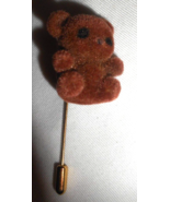 Vintage Teddy Bear Stick Pin Gold Tone Flocked Brown Bear Fuzzy 2 1/2&quot; - £7.90 GBP
