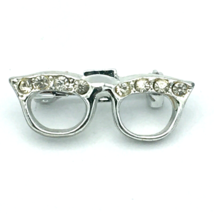 CAT EYE GLASSES vintage pin - tiny 1&quot; silver-tone rhinestone retro brooch - £8.66 GBP