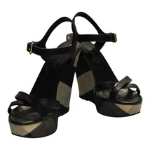 Burberry Black Leather Signature Check Wedges Platform Strappy Sandals S... - $193.05