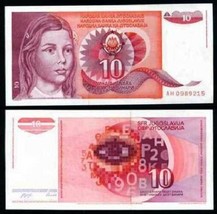 Yugoslavia P103, 10  Dinara, young girl / numbers &amp; letters, 1990, UNC - £1.13 GBP