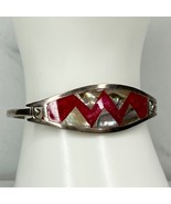 Vintage Silver Tone Abalone Shell Red Inlay Hinge Bangle Bracelet - $24.74