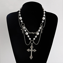 Victorian Gothic Cross Rosary Necklace With Chain Charm Handmade Sacred Pearl Be - £16.07 GBP