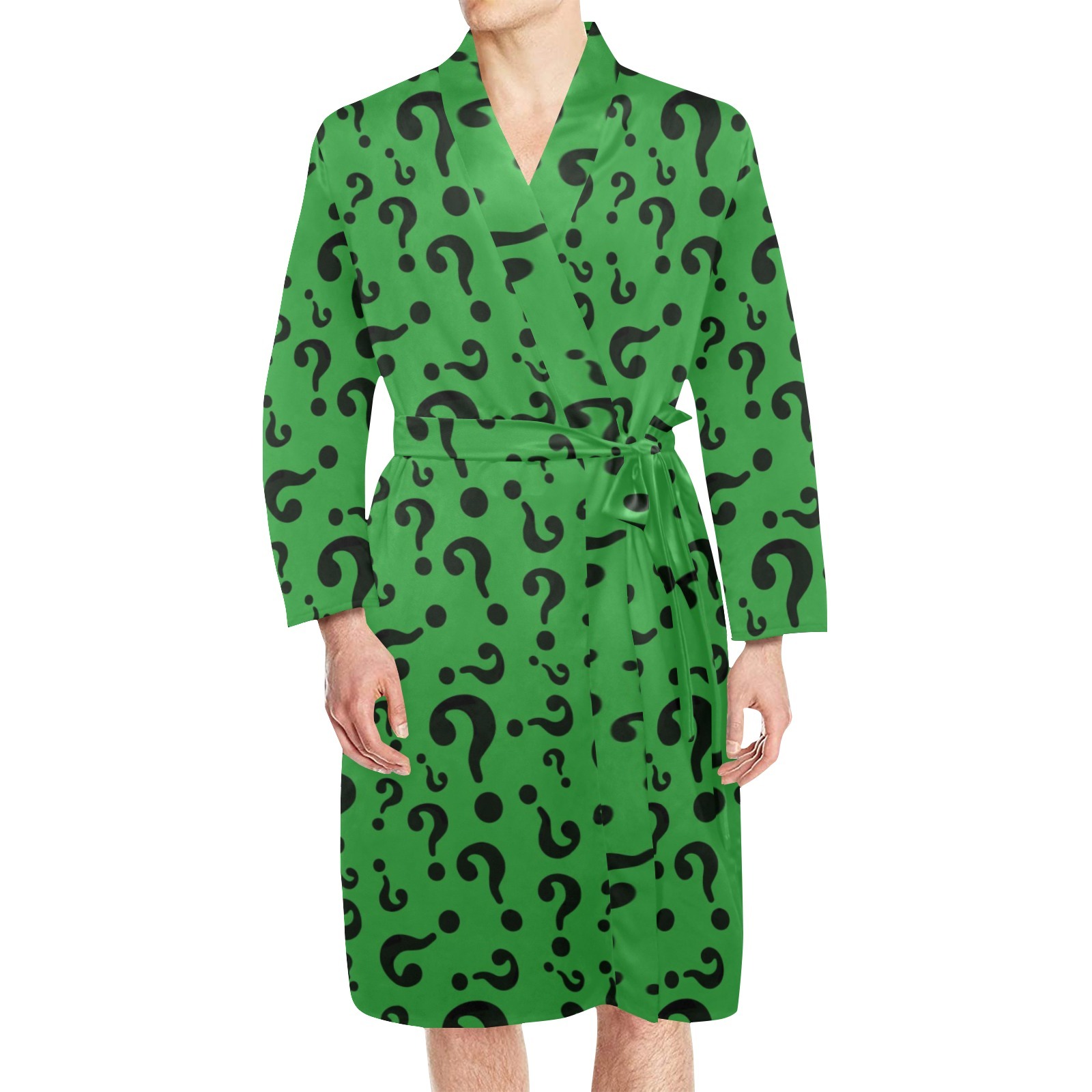 Riddler Riddles Green Questions Men's Long Sleeve Belted Night Robe Satin Finish