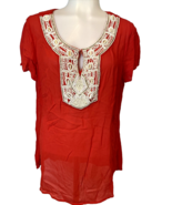 Chico&#39;s Red Short Sleeve Scoop Neck Beaded Top Size Sm 8-10 - $10.44
