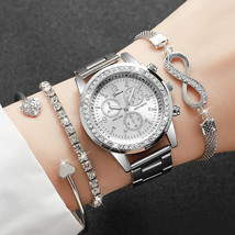 Women&#39;s Fashion Stainless Steel Quartz Watch &amp; Silver Beads Jewelry Set - $12.19