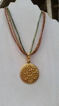 Premier Designs Signed Beaded Multi Strand Gold Tone Pendant, Green Rhinestones - $12.00