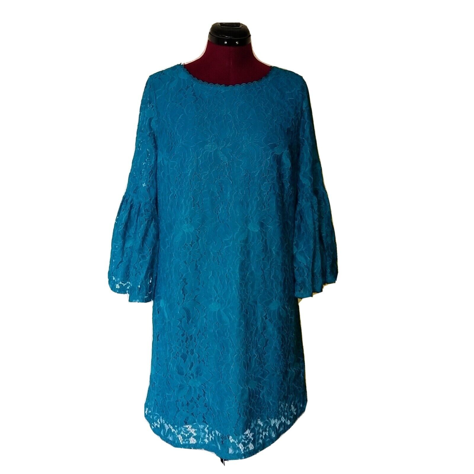 Primary image for Laundry By Shelli Segal Dress Sheer Lace V Back Bell Sleeves Lined Teal Size 8P