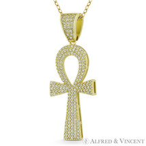 Ankh Cross Key-of-Life CZ .925 Sterling Silver 14k Gold-Plated Egyptian Pendant - £19.55 GBP+