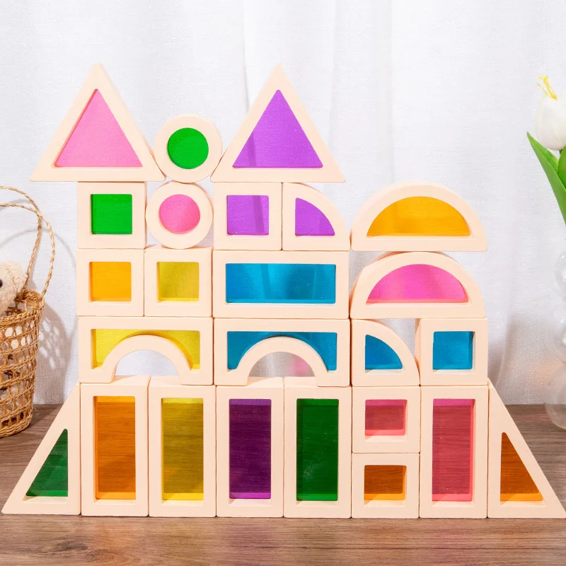 DIY Wooden Building Blocks Colorful Translucent Learning Puzzle Color Cognitive - £43.77 GBP