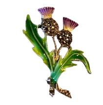 Purple Thistle Brooch Pin Enamel Rhinestones Flower Weed Vintage - $18.69