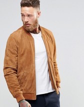 Brown Bomber Leather Jacket for Men Pure Suede Size S M L XL XXL Custom Made - £115.43 GBP