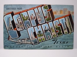 Greetings From Corpus Christi Texas Large Letter Linen Postcard Unused Airplane - £10.02 GBP