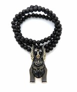 Egypt God Anubis Head Pendant 8mm 26&quot;-30&quot; Wooden Bead Necklace in Gold Tone - $361.56 MXN