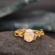 Natural 1 Carat Opal Vine Leaf Ring, Nature Inspired Oval Opal Solitaire Ring, O - $52.00