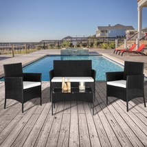 4 Pcs Outdoor Patio Pe Rattan Wicker Table Set Sofa Furniture W/ Cushion Black - £182.37 GBP