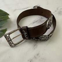 Brighton Womens Vintage Y2k Leather Belt Size M Brown Silver Trim Chunky - $25.73