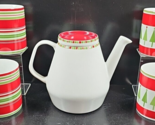 6 Pc Crate &amp; Barrel Monno Christmas Holiday Teapot &amp; Lid Mugs Set Red Wh... - £62.54 GBP