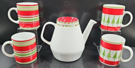 6 Pc Crate &amp; Barrel Monno Christmas Holiday Teapot &amp; Lid Mugs Set Red White Lot - £62.37 GBP