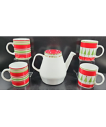 6 Pc Crate &amp; Barrel Monno Christmas Holiday Teapot &amp; Lid Mugs Set Red Wh... - $78.87
