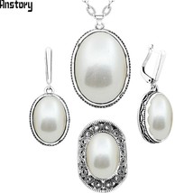 Oval Pearl Jewelry Set Choker Necklace Earrings Rings For Women Antique Silver P - £10.58 GBP