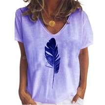 Summer Women New Casual V-neck Short-sleeved Blouse, 3D Feather Print Design Col - £32.99 GBP
