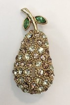 Vtg Pear Fruit Brooch Pin White/Clear, Champagne, and Green Rhinestones - £15.69 GBP