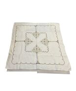 Vintage Hand Embroidered Linen Tablecloth 34x34 Square Cream Brown Flora... - $22.50