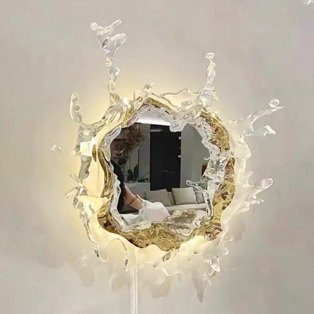 Acrylic Water Splash Design Bathroom Mirror with LED Light Gold 45cm 17.7in - $621.06 CAD
