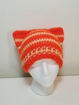 Handmade Crochet Orange Stripes Cat Ear Beanie - $328.54 MXN