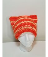 Handmade Crochet Orange Stripes Cat Ear Beanie - $328.54 MXN