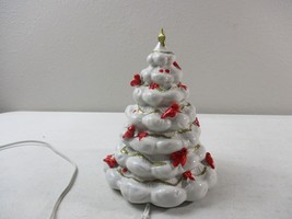 VINTAGE Mini  9&#39;&#39; White Ceramic Christmas Tree Mold Red Birds Gold Trim - £27.28 GBP