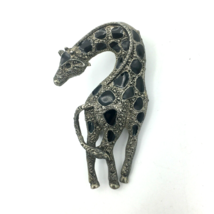 TWISTED GIRAFFE vintage pin - silver-tone black enamel spots big 2.5&quot; brooch - £13.52 GBP