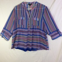 Cocomo Women Top PXL Blue Pink Orange Blouse 3/4 Sleeve V Neck Pullover Stripe - £11.80 GBP