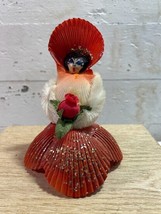 Scallop Sea Shell Lady in Red Dress &amp; Bonnet Pipe Cleaner Arms Red Rose ... - £12.14 GBP