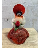 Scallop Sea Shell Lady in Red Dress &amp; Bonnet Pipe Cleaner Arms Red Rose ... - £12.35 GBP
