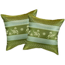 Olive Green Thai Elephant Sun Stripes Silk Throw Pillow Cushion Cover Set - £19.50 GBP