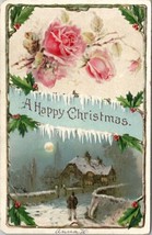 Happy Christmas Snow Night Scene Pink Roses Embossed 1907 Postcard V4 - £3.16 GBP