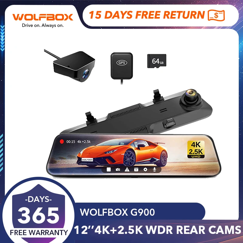 WOLFBOX G900 Rearview Dash Cam 4K 12&quot; Ips Screen WDR 170 FOV 2.5k Rear Cam Gps - £293.37 GBP+