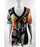 Michael Tyler Womens Colorful Tunic Top Size Medium Red Black Green V Ne... - $40.74 CAD
