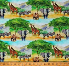 Cotton African Safari Mountains Animals Green Fabric Print by Yard D375.69 - £11.94 GBP