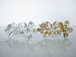 Silver  or gold  flower and leaves pearls crystal hair pin clip barrette - £5.42 GBP