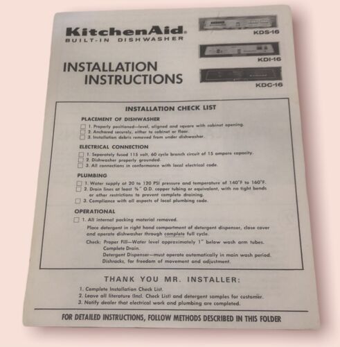 KitchenAid Built In Dishwasher Installation Instructions Vintage  - $6.80