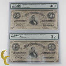 Lot of 2 Sequential 1864 Confederate $50 Graded by PMG as Ch VF-35 &amp; XF-... - $519.75