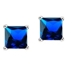 2ct Simulated Sapphire Stud Earrings Princess Cut Solitaire 14K White Gold Over - £29.40 GBP