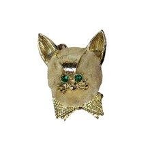 Vintage Fluffy Cat Brooch Gold Tone Green Rhinestone Eyes Bowtie 1.25 x 1 inch - £12.49 GBP