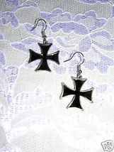 Iron Cross Maltese Cross Black Inlay Medium Size Pewter Pair Of Earrings - £17.22 GBP